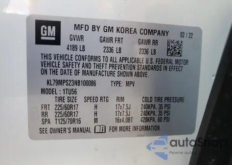 2022 Chevrolet Trailblazer Lt из США, поврежденный, VIN KL79MPS23NB100086